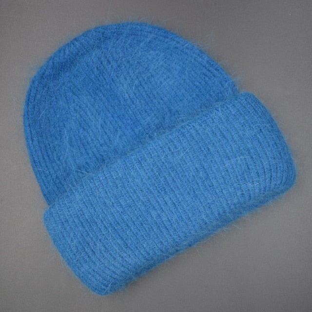 Winter Real Rabbit Fur Knitted Beanies For Women Fashion Solid Warm Cashmere Wool Skullies Beanies Female Three Fold Thick Hats