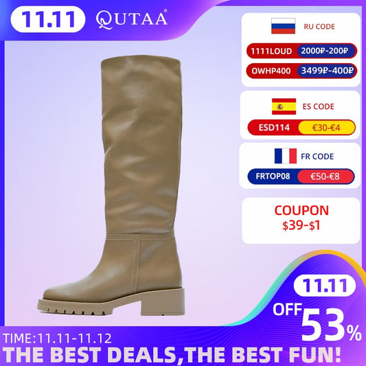 QUTAA ZA Fashion Women Knee High Boots Full Cow Leather Warm Flats INS Thick High Heels Motorcycle Boots Woman Lady Shoes 34-43