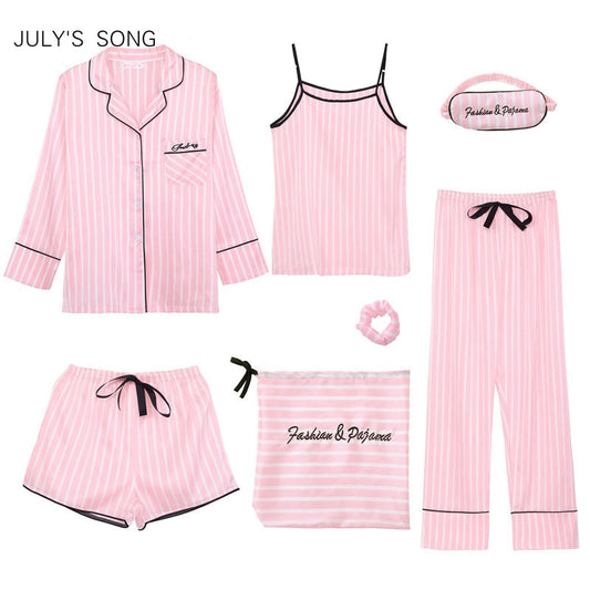 JULY'S SONG Pink 7 Pieces Women's Pajamas Sets Faux Silk Striped Pyjama Women's Pajamas Sleepwear Sets Spring Summer Homewear
