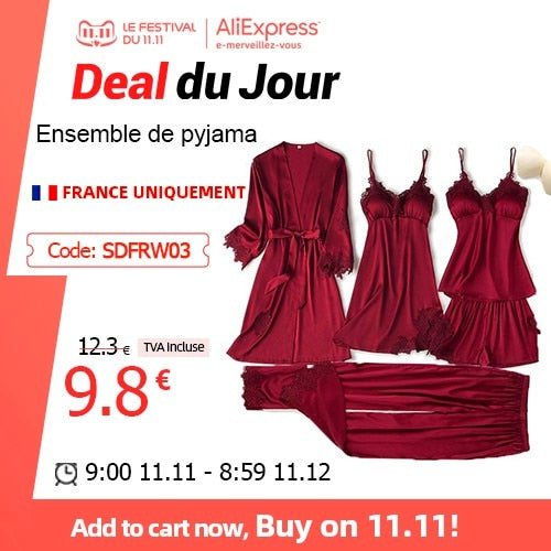 Pajama Set Women Lace Trim Satin Sleepwear Pyjamas Pour Femme Summer Nightwear With Pants Casual Home Wear Kimono Robe Gown PJS