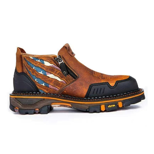 Men Shoes Fashion Handmade Color Matching PU Embroidery Round Head Side Zipper Low Heel Non-slip Sports Hiking Shoes 6KF443