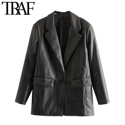 TRAF Women Fashion PU Faux Leather Loose Blazer Coat Vintage Pockets Long Sleeve Back Vents Female Outerwear Chic Tops