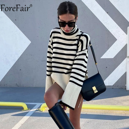 Forefair 2021 Autumn Winter Oversized Knitted Pullover Women Turtleneck Long Sleeve Khaki Striped Loose Sweater Casual Fashion